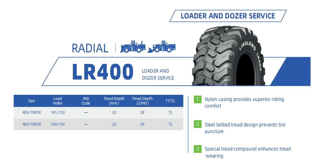 Linglong Brand OTR Specialty Tire Lr400 Radial Truck Mpt Tyre 405/70r18 (16/70-R18) 405/70r20 (16/70-R20) for Loader and Dozer Service Use